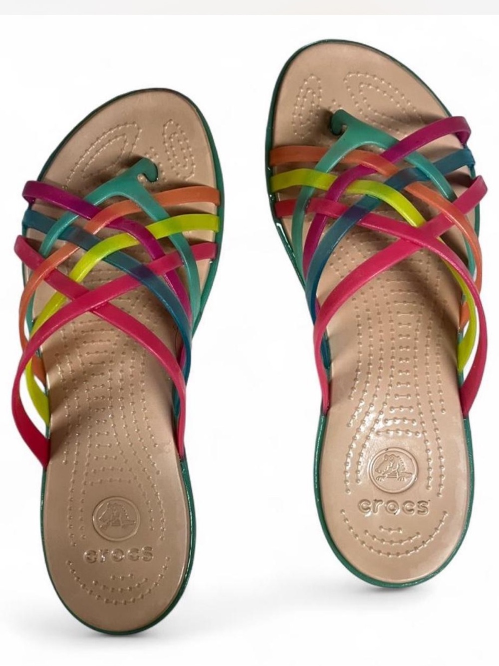 Crocs Huarache Rainbow Jelly Flip Flop Sandals Size 9 EUC Multi Geranium